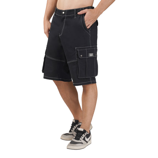 SLAY. Men's Black Contrast Stitch Stretch Cargo Shorts