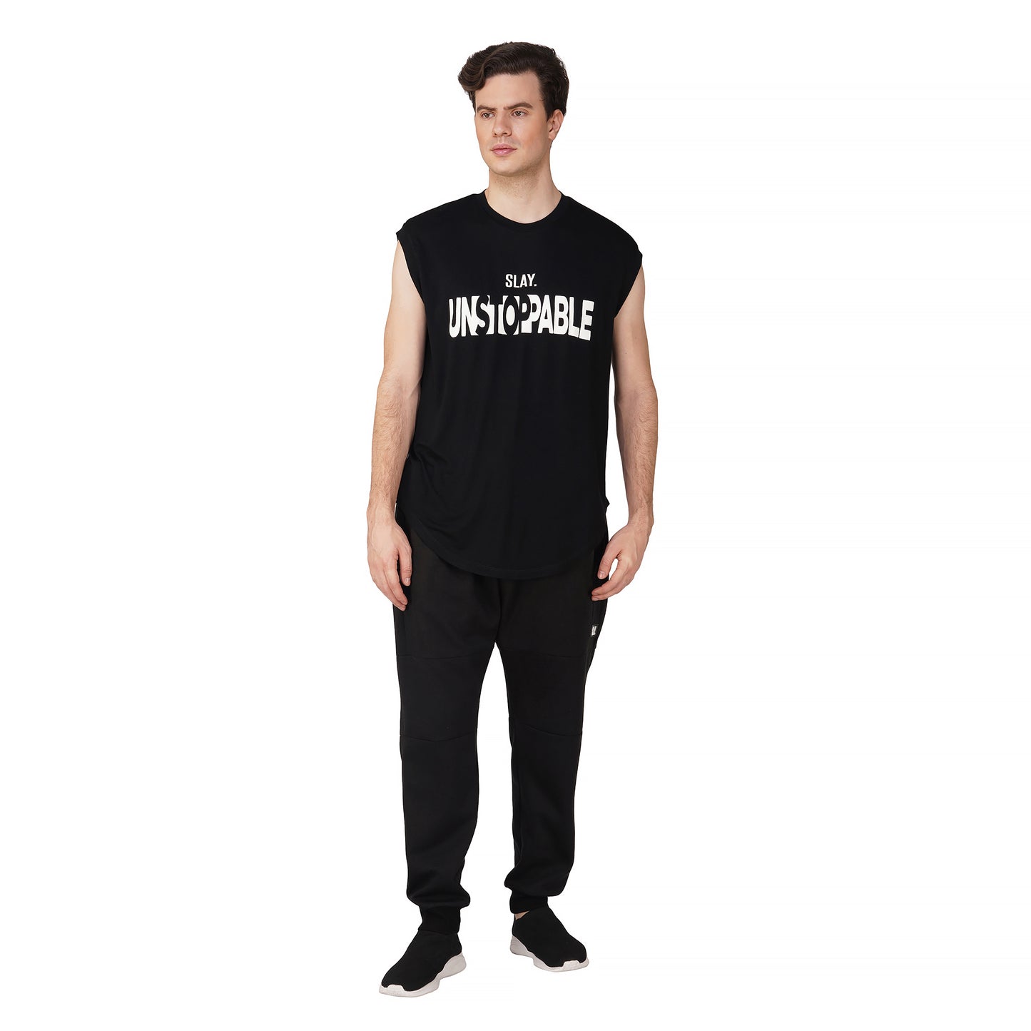 SLAY. Men's Unstoppable Printed Sleeveless Black Dropcut T-Shirt