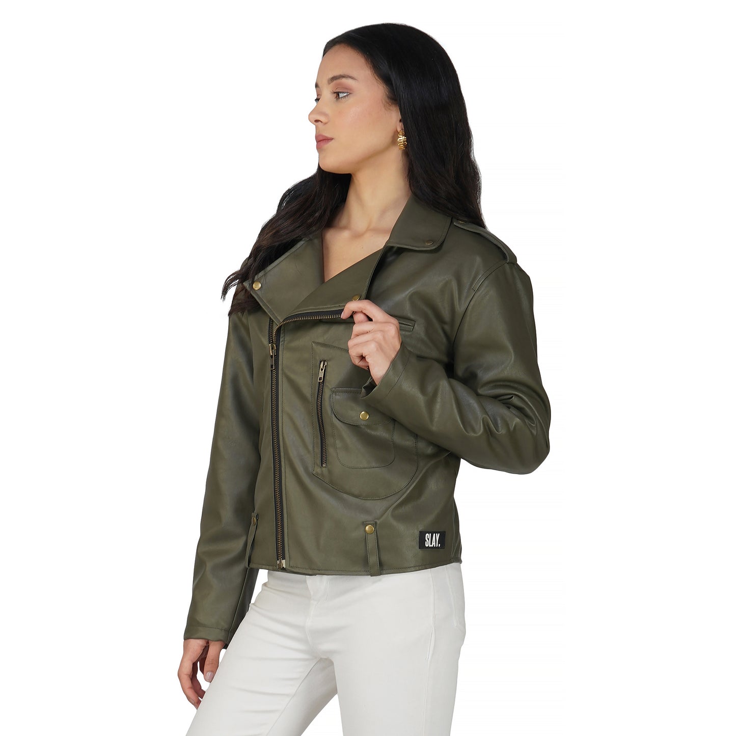 SLAY. Women's Olive Faux Leather Jacket
