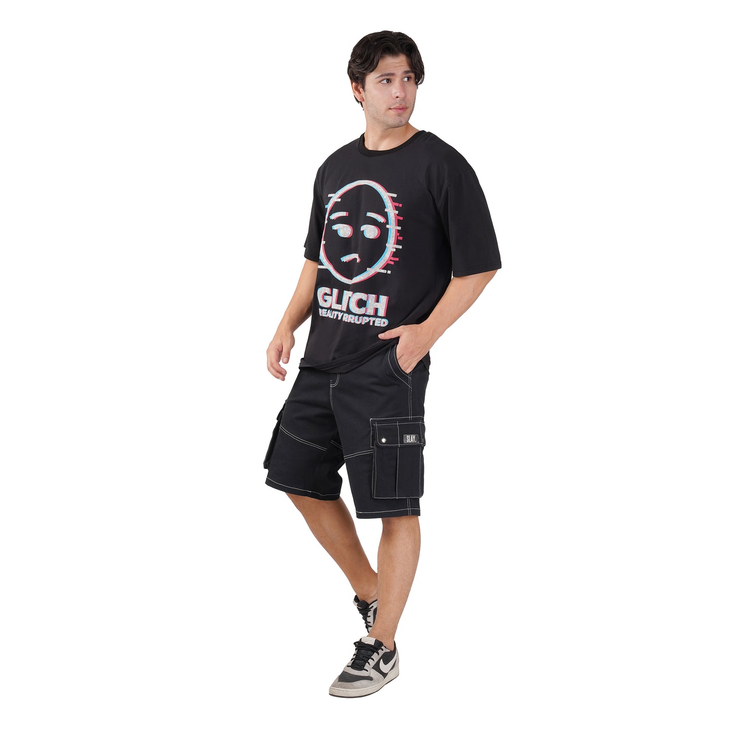 SLAY. Men's Black Contrast Stitch Stretch Cargo Shorts