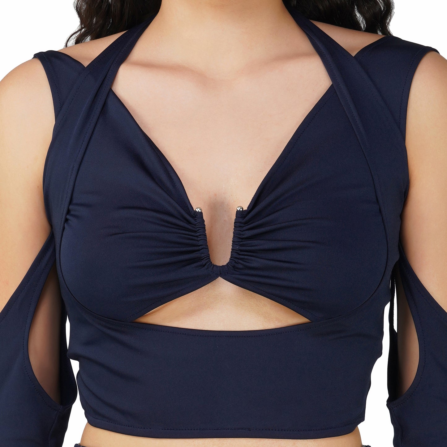 SLAY. Women's Blue Asymmetric Cutout Top & Skirt Co ord Set