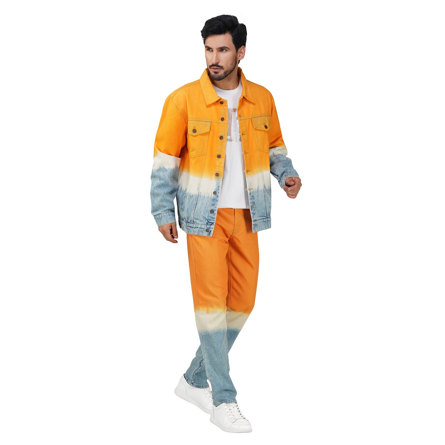 SLAY. Men's Orange White Blue Ombre Denim Jacket & Jeans Co-ord Set