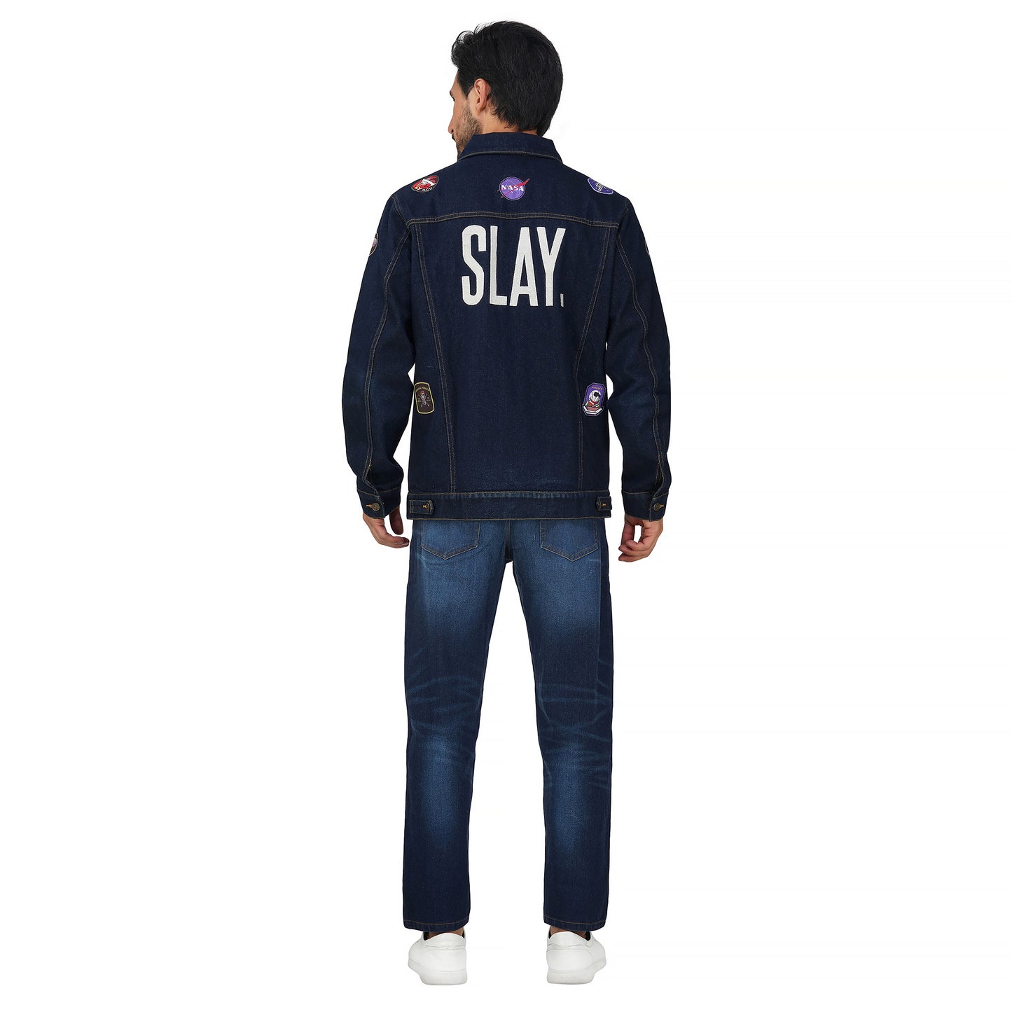 SLAY. Men's Patchwork Embroidered Navy Blue Vintage Button-Down Denim Biker Jacket & Jeans Co ord Set