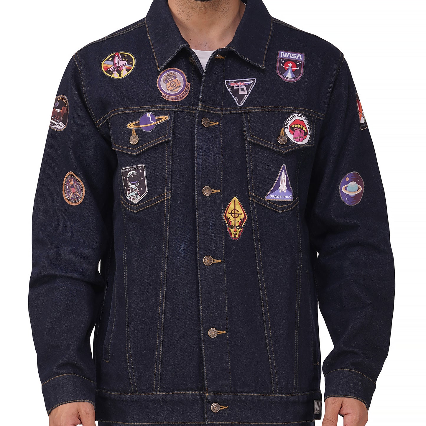 SLAY. Men's Patchwork Embroidered Navy Blue Vintage Button-Down Denim Biker Jacket & Jeans Co ord Set