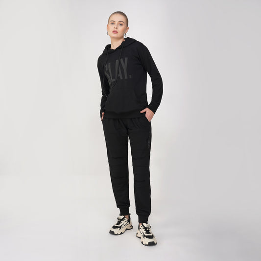 SLAY. Women's Limited Edition All Black Plotter Puff Print Tracksuit - Hoodie & Jogger Co-ord Set