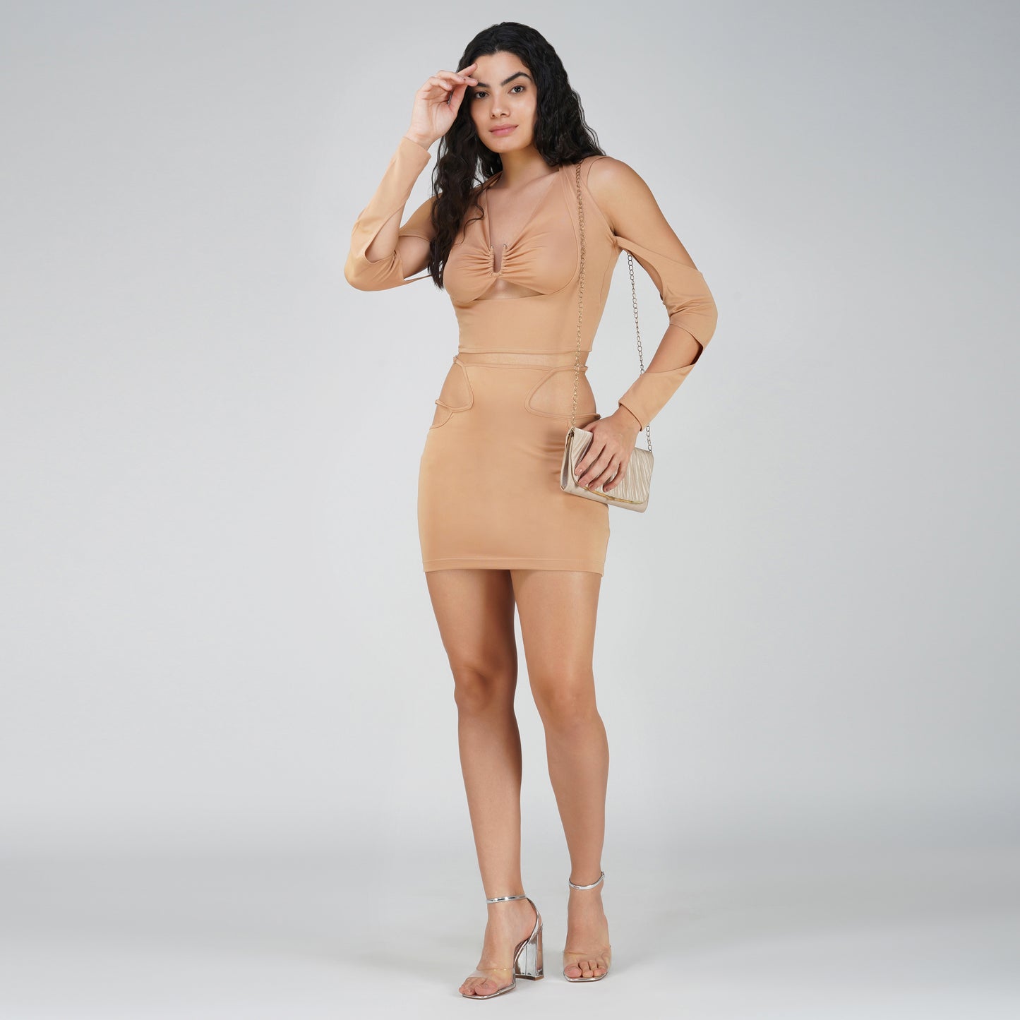 SLAY. Women's Beige Asymmetric Cutout Top & Skirt Co ord Set