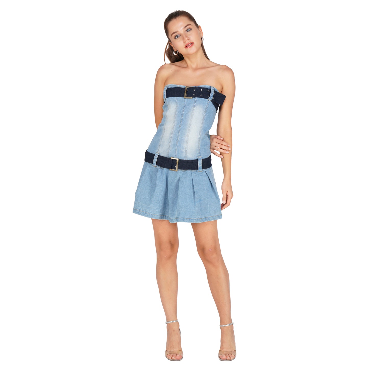 SLAY. Women's Enzyme Wash Denim Mini Dress with Belts(Stretch Fabric)