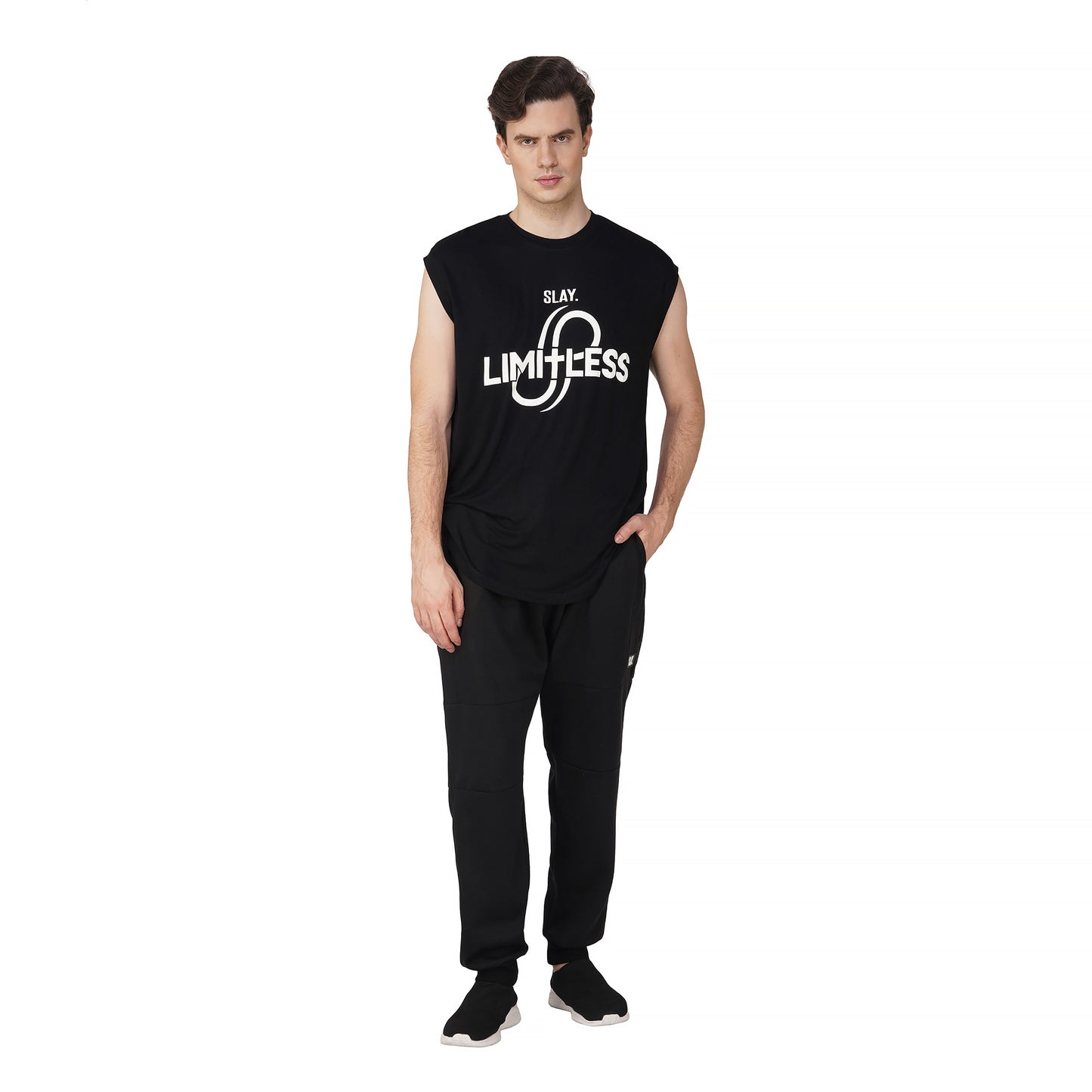 SLAY. Men's Limitless Printed Sleeveless Black Dropcut T-Shirt