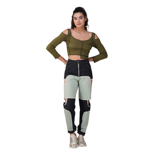 SLAY. Women's Contrast Stitch Olive Cold Shoulder Rib Full Sleeves Top & Jeans Co-ord Set