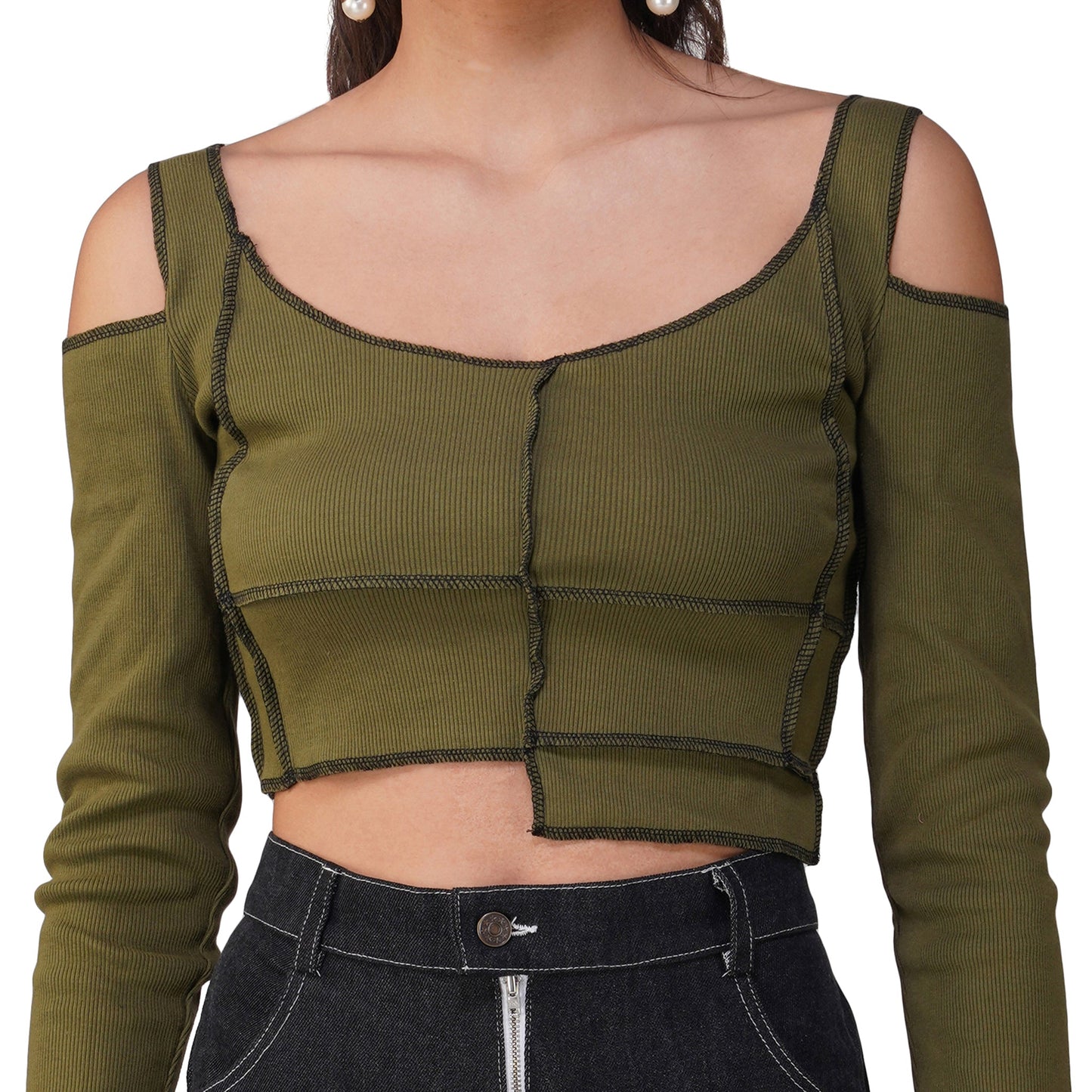 SLAY. Women's Contrast Stitch Olive Cold Shoulder Rib Full Sleeves Top & Jeans Co-ord Set