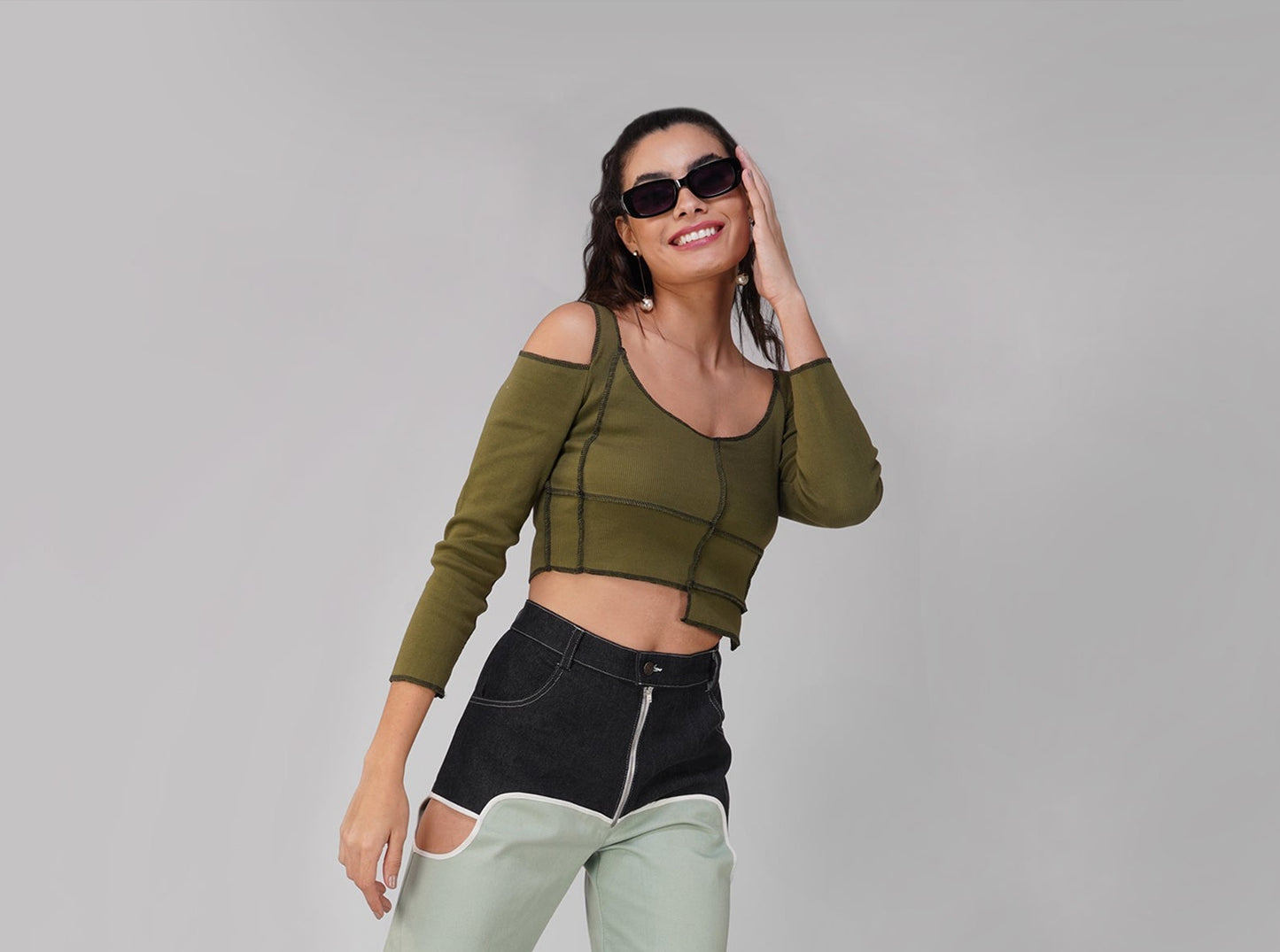 SLAY. Women's Contrast Stitch Olive Cold Shoulder Rib Full Sleeves Top