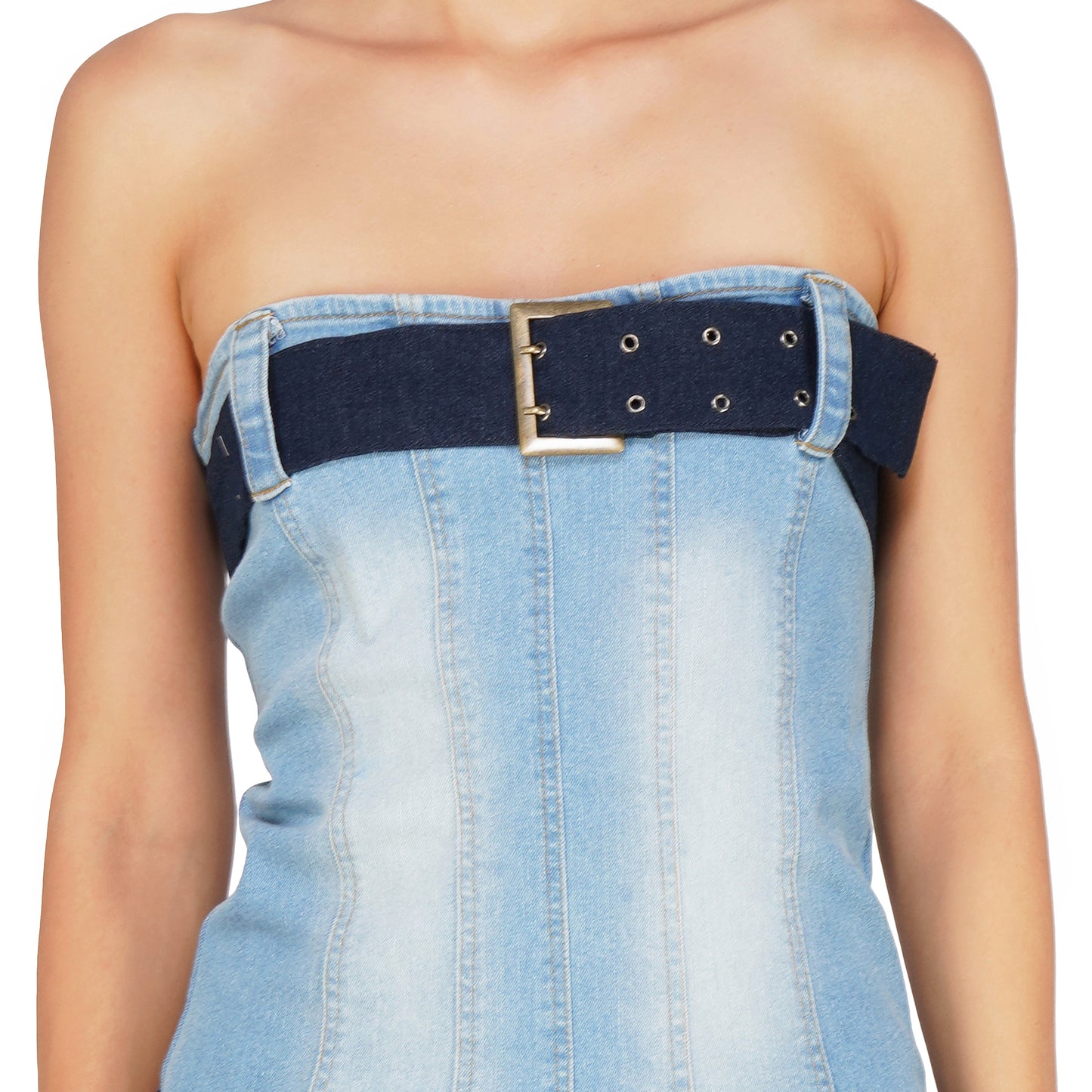 SLAY. Women's Enzyme Wash Denim Mini Dress with Belts(Stretch Fabric)