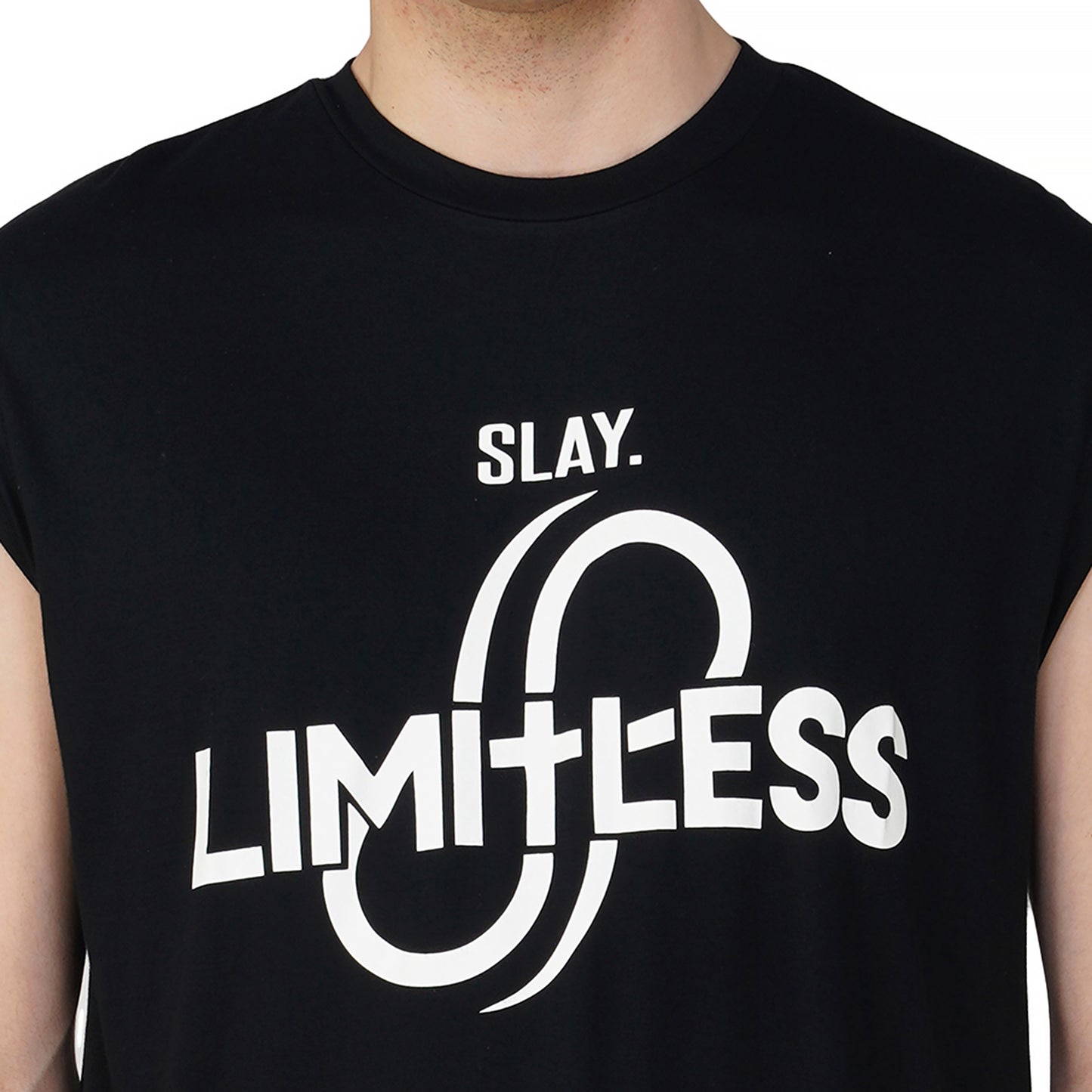 SLAY. Men's Limitless Printed Sleeveless Black Dropcut T-Shirt