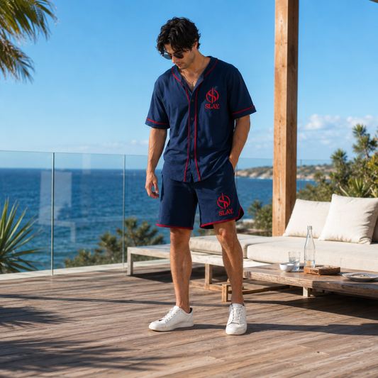 SLAY. Men's Navy Red Varsity Co-ord Set