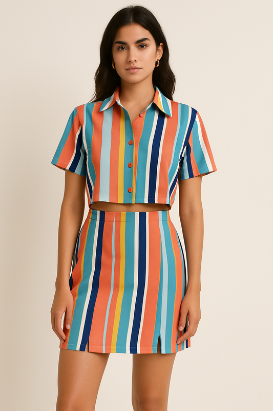 SLAY. Women's Bold Stripes Co-ord Set – Cropped Shirt & Mini Skirt