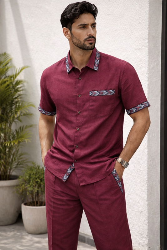 SLAY. Geo Tape Linen Co-ord Set — Burgundy