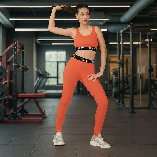 SLAY.Women's Orange Activewear Crop Top And Pants Co-ord Set