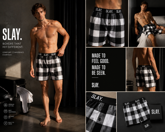 SLAY. Men's White & Black Check Winter Boxers
