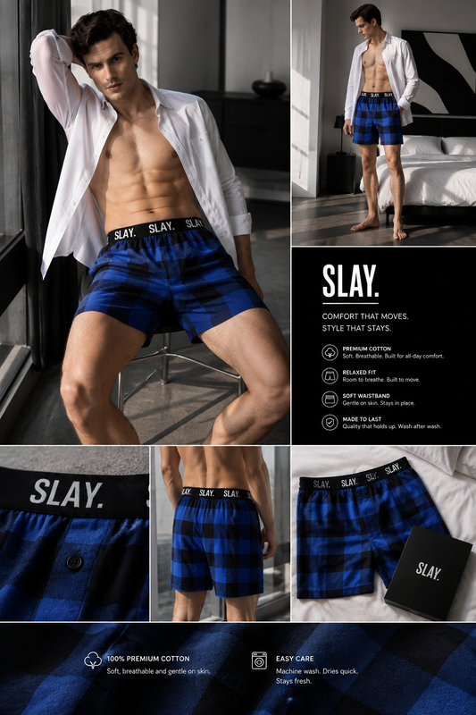 SLAY. Men's Blue & Black Check Winter Boxers