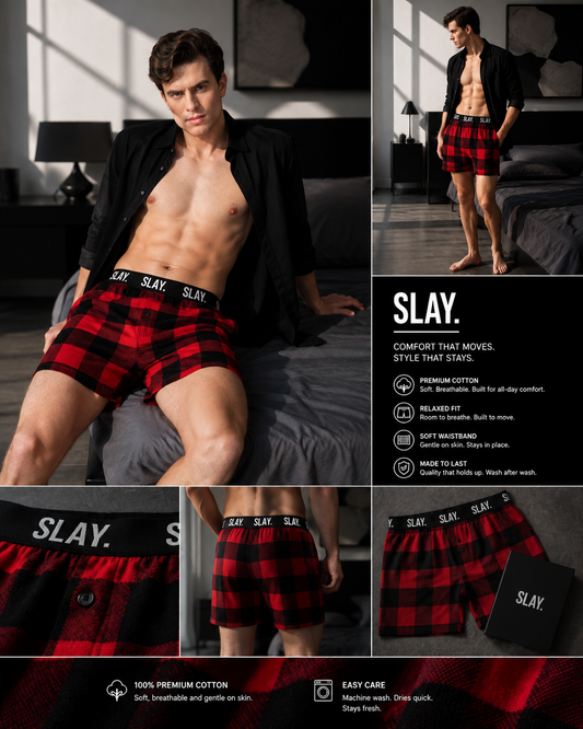 SLAY. Men's Cotton Red & Black Check Winter Boxers