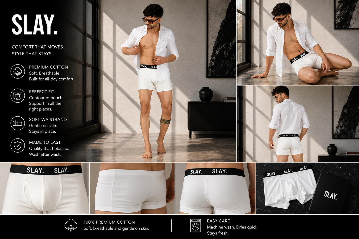 SLAY. Men's White Underwear Trunks