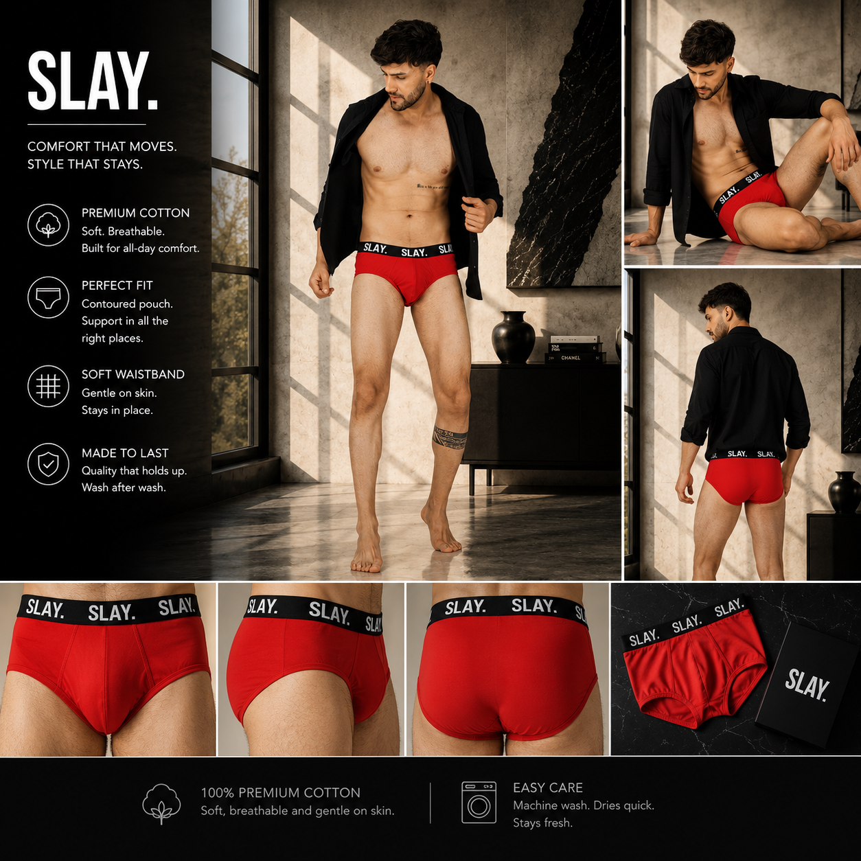 SLAY. Men's Red Underwear Cotton Briefs