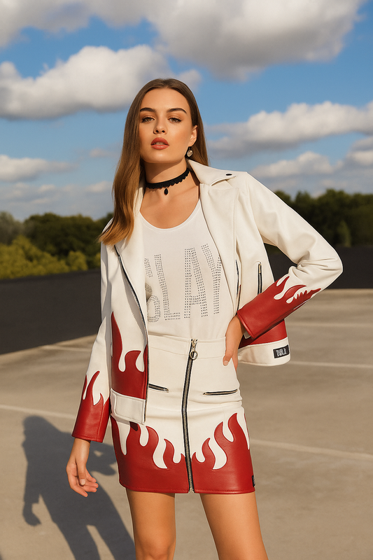 SLAY. Faux Leather Flames Jacket & Skirt Co-ord Set White & Red