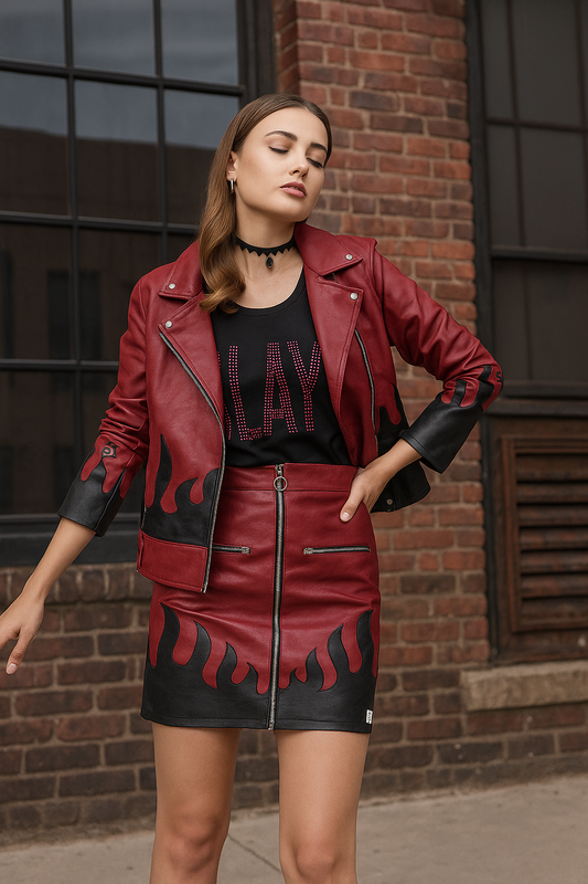 SLAY. Faux Leather Flames Jacket & Skirt Co-ord Set Red & Black