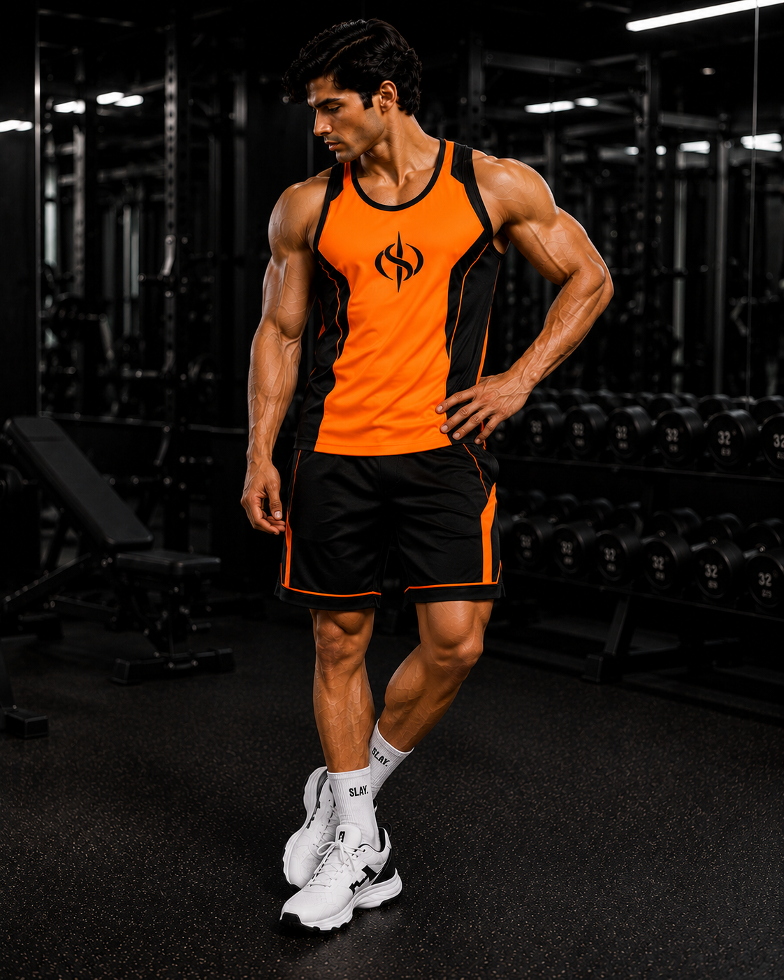SLAY. Men's Neon Orange Vest Athleisure Performance Set