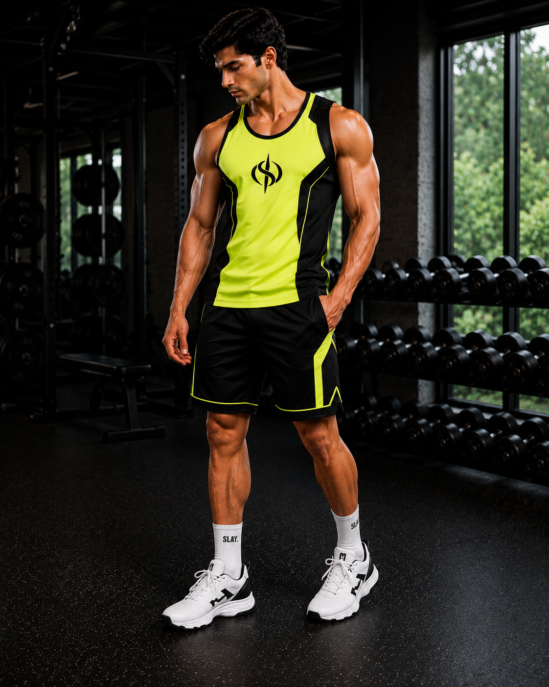 SLAY. Men's Neon Green Vest Athleisure Performance Set