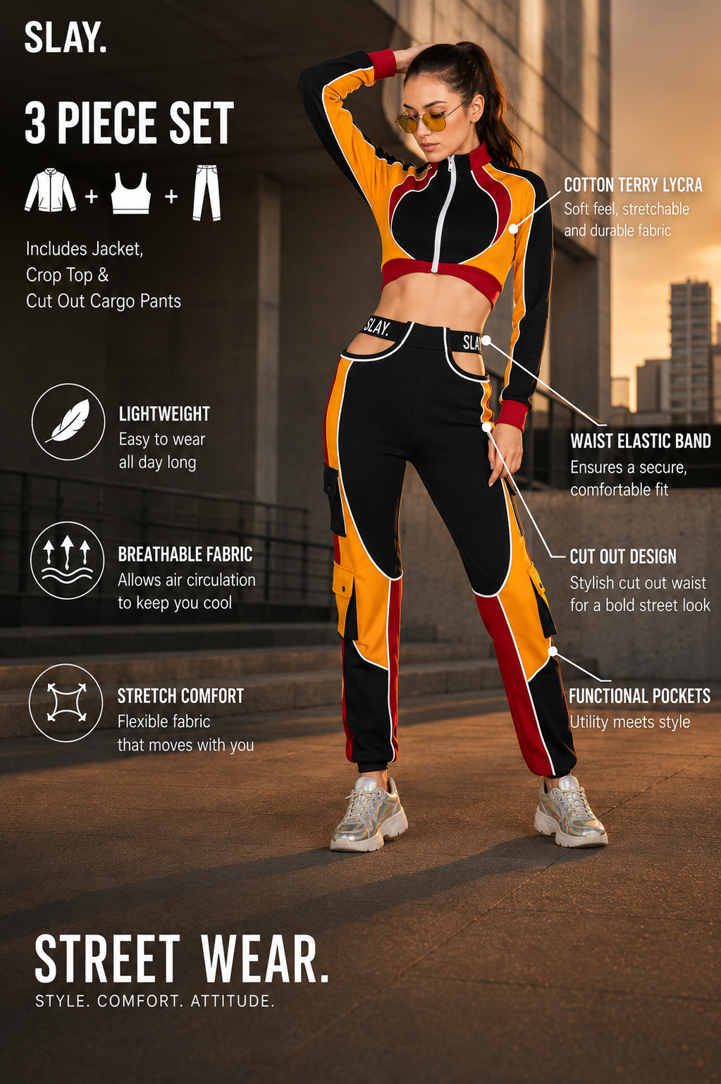 SLAY. Women's Activewear Tracksuit Colorblock Crop Jacket &  High Waist Cargo Pants Co-ord Set(3 piece)