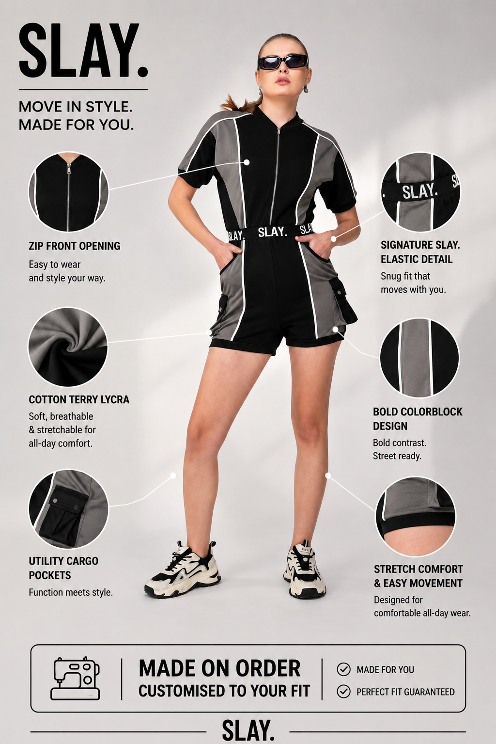 SLAY. Women's Colorblock Romper Grey Black