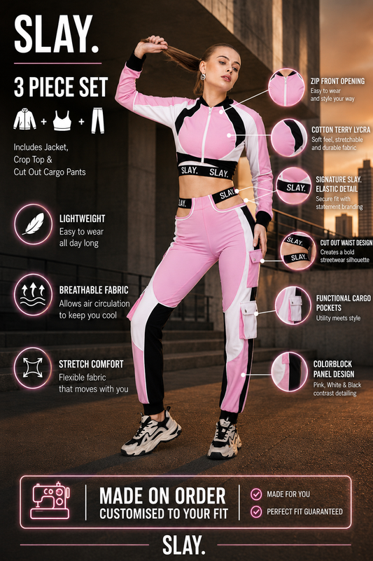 SLAY. Women's Activewear Tracksuit Pink Colorblock Crop Jacket & High Waist Cargo Pants & Crop top Co-ord Set(3 Piece)