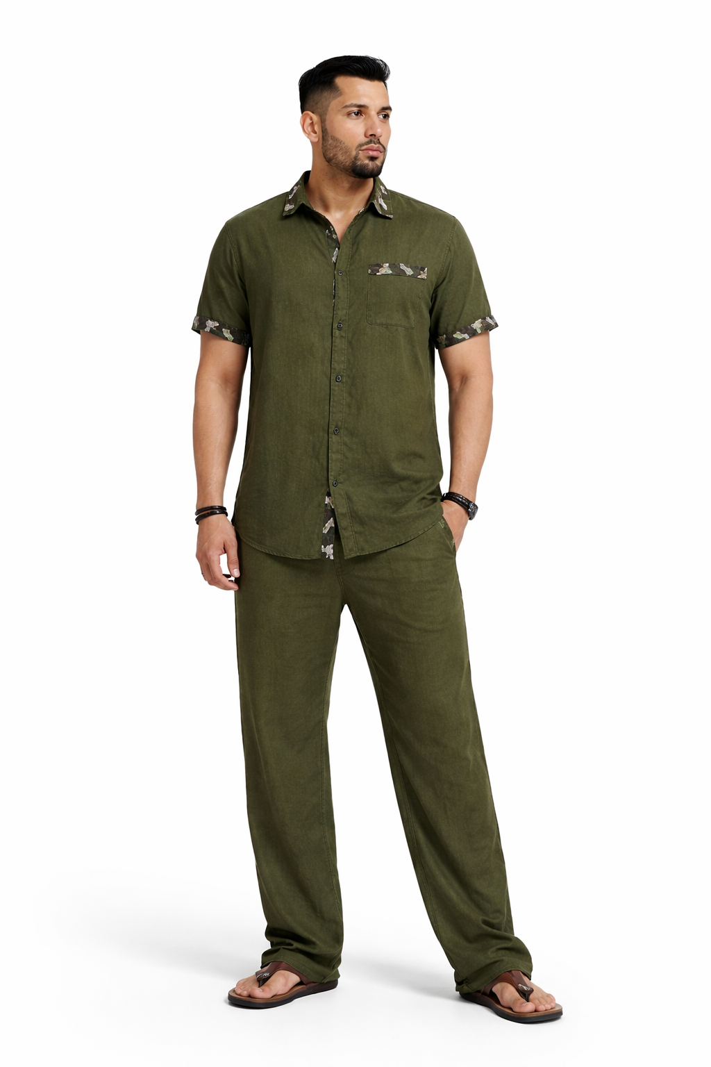 SLAY. Camo Accent Linen Co-ord Set — Olive