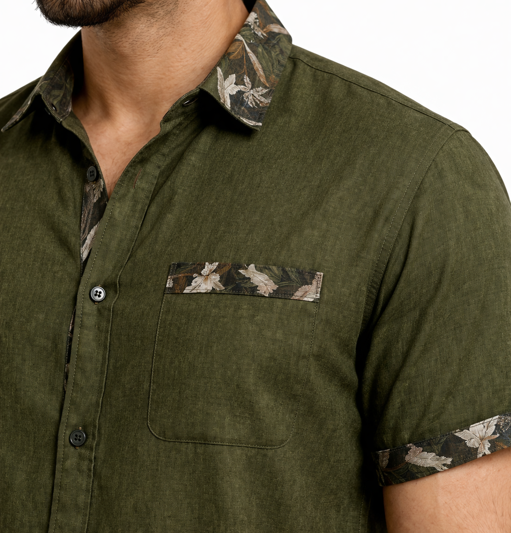 SLAY. Camo Accent Linen Co-ord Set — Olive