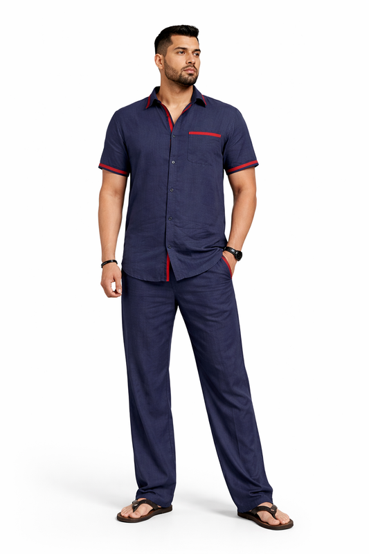 SLAY. Contrast Tape Linen Co-ord Set — Navy