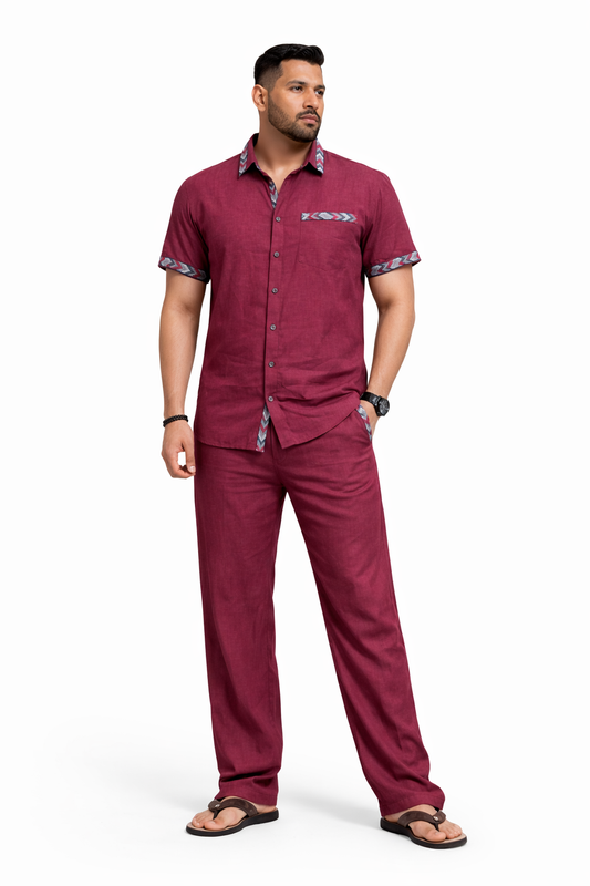 SLAY. Geo Tape Linen Co-ord Set — Burgundy