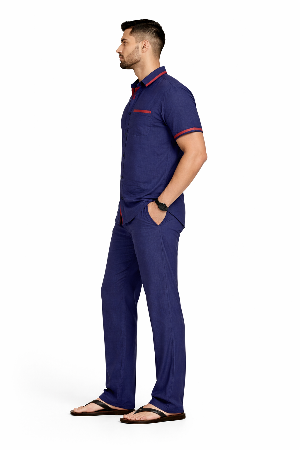 SLAY. Contrast Tape Linen Co-ord Set — Navy