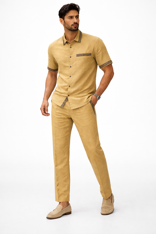 SLAY. Greek Tape Linen Co-ord Set — Sand