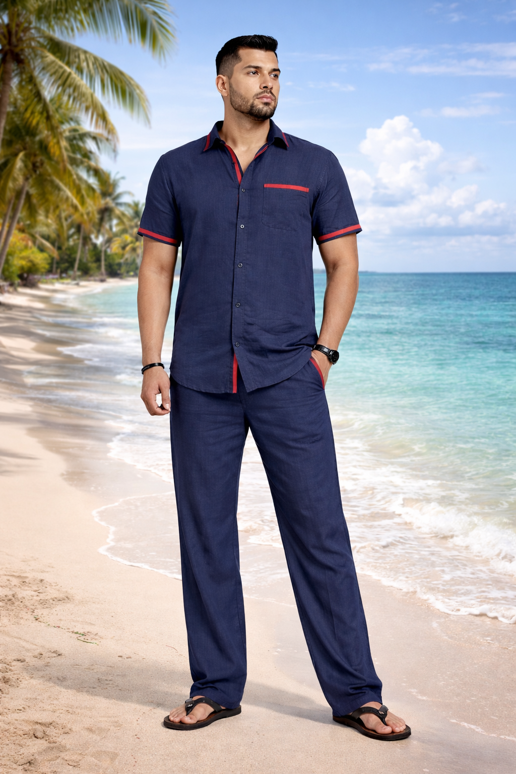 SLAY. Contrast Tape Linen Co-ord Set — Navy