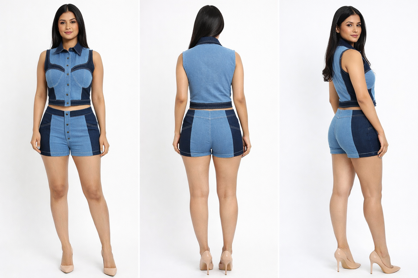 SLAY. Women's Two-Tone Sculpt Denim Top & Shorts Co-ord Set