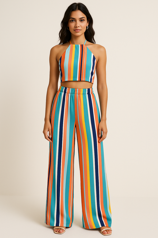 SLAY. Women's Moody Stripe Co-ord Set – Halter Crop & Wide-Leg Pants