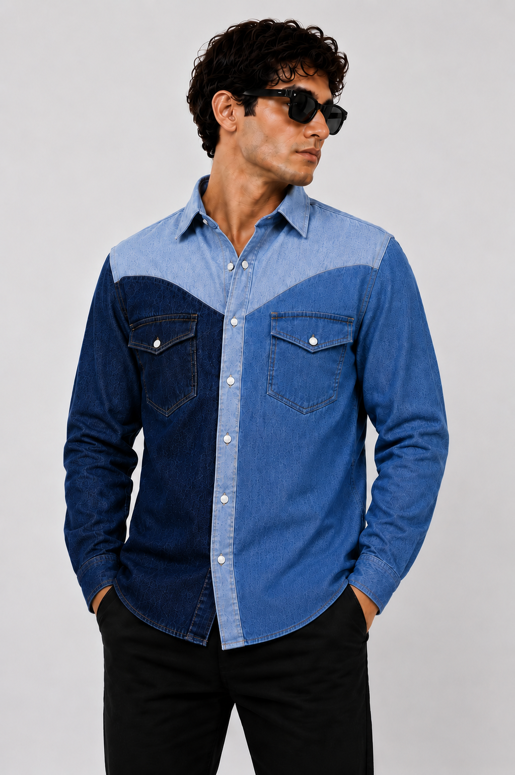 SLAY. Men's Colorblock Stretch Denim Shirt