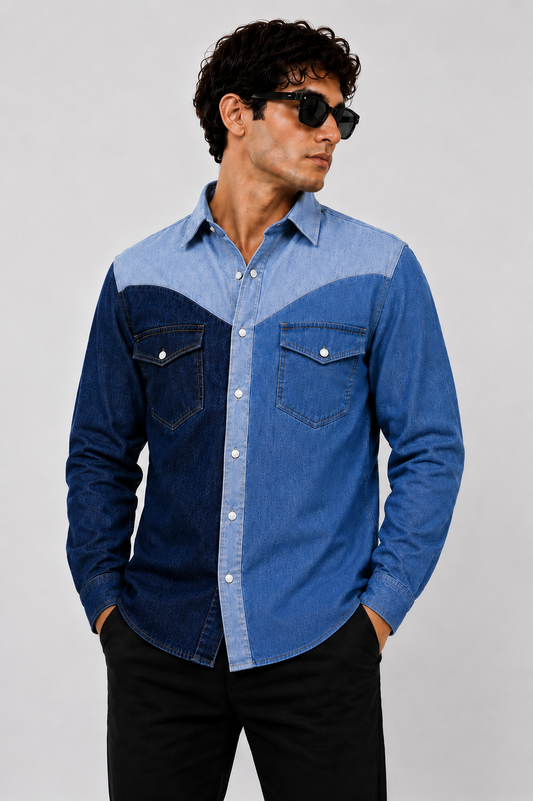 SLAY. Men's Colorblock Stretch Denim Shirt