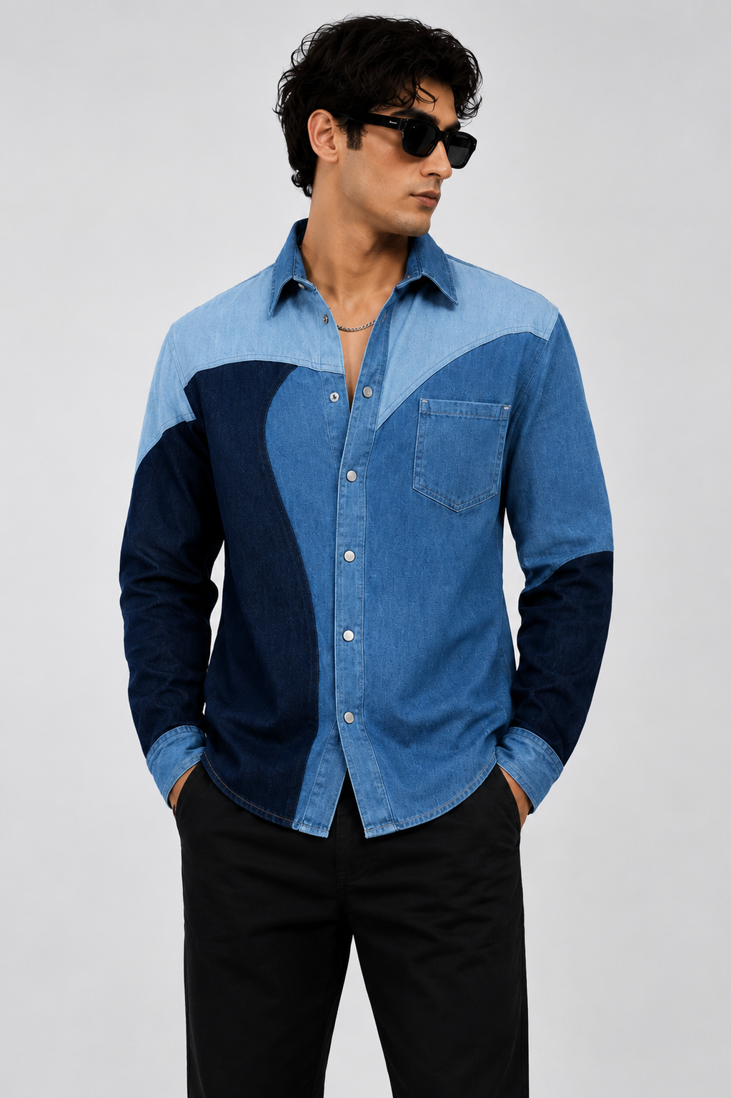 SLAY. Men's Colorblock Abstract Stretch Denim Shirt