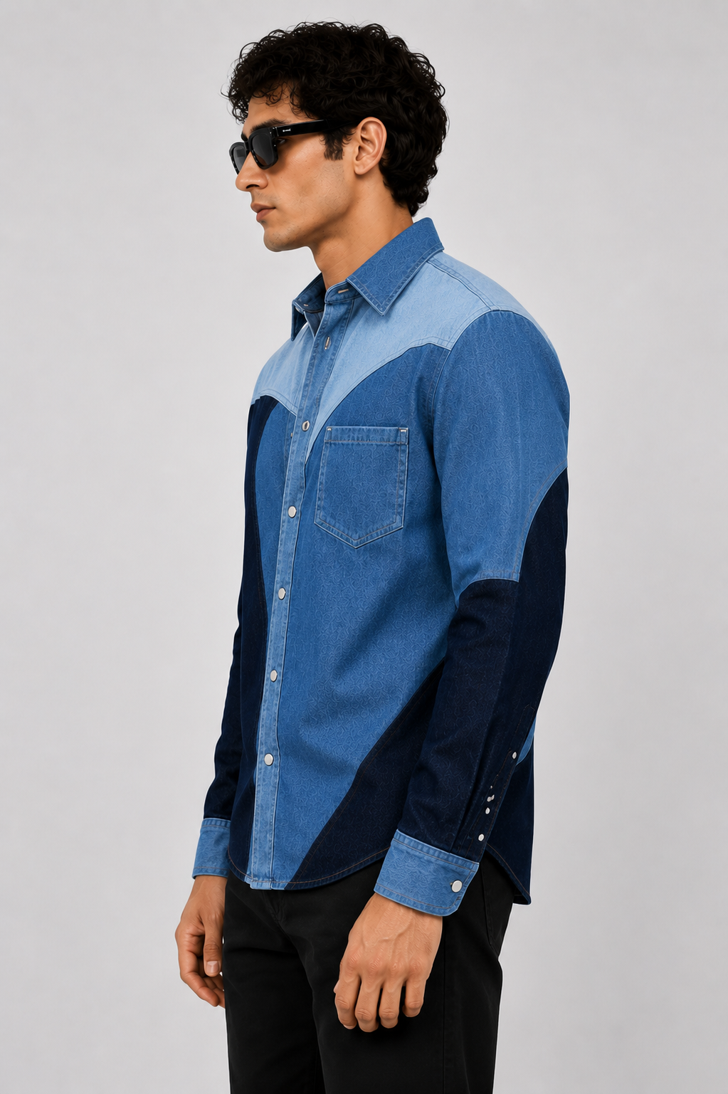 SLAY. Men's Colorblock Abstract Stretch Denim Shirt