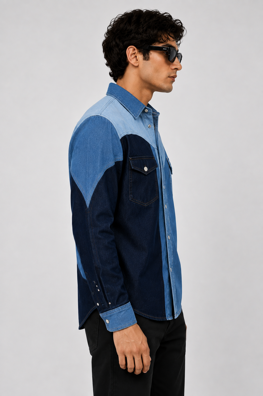 SLAY. Men's Colorblock Abstract Stretch Denim Shirt