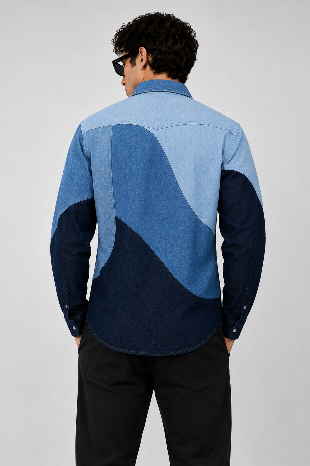 SLAY. Men's Colorblock Abstract Stretch Denim Shirt