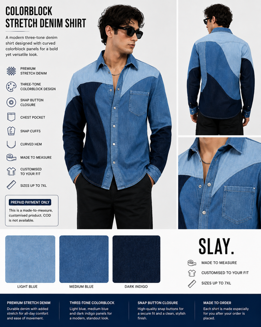 SLAY. Men's Colorblock Abstract Stretch Denim Shirt