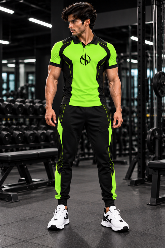 SLAY. Men's Neon Green Polo Track Pants Athleisure Performance Set